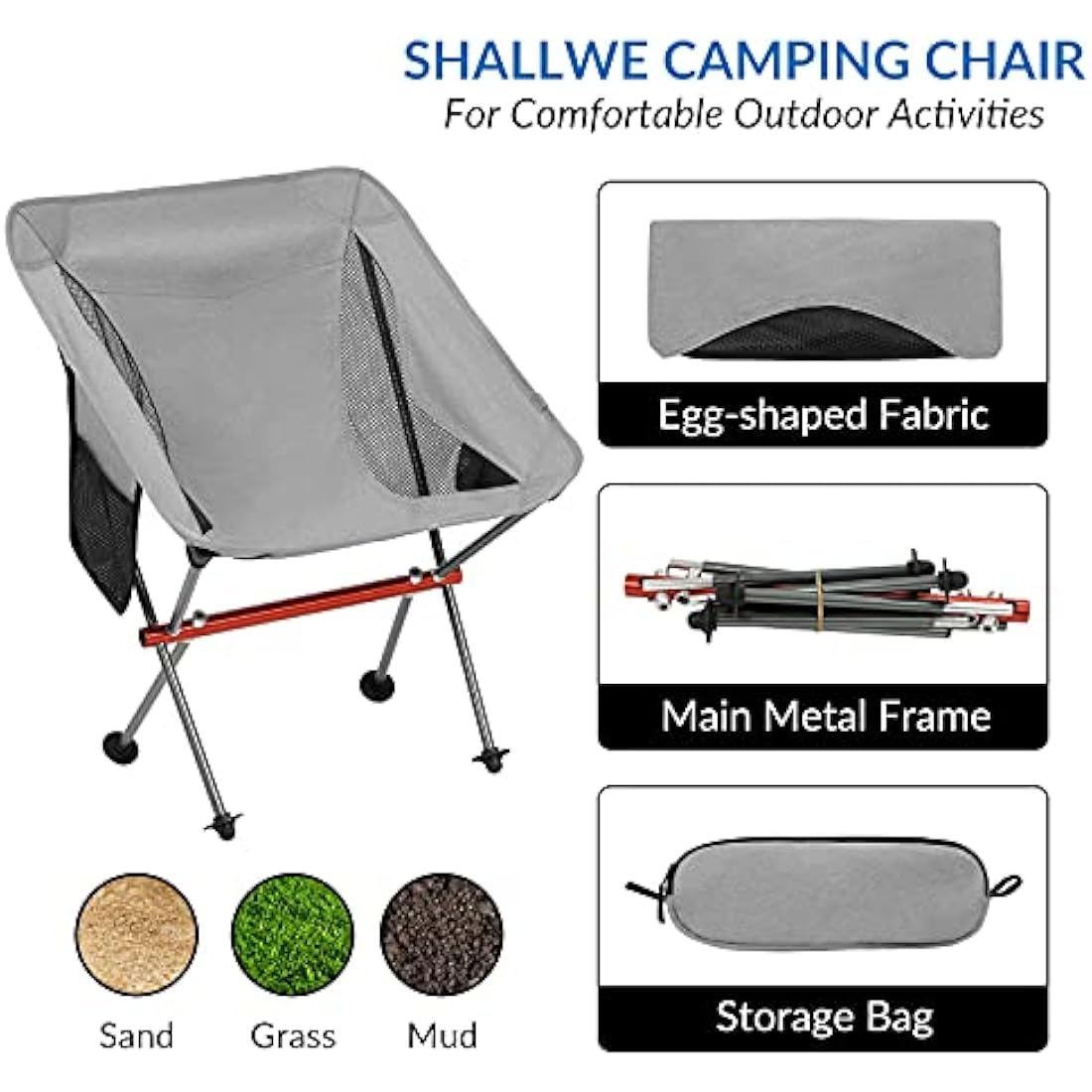 SHALLWE Ultralight Portable Camping Chair | Aluminum Folding Chair - Gray