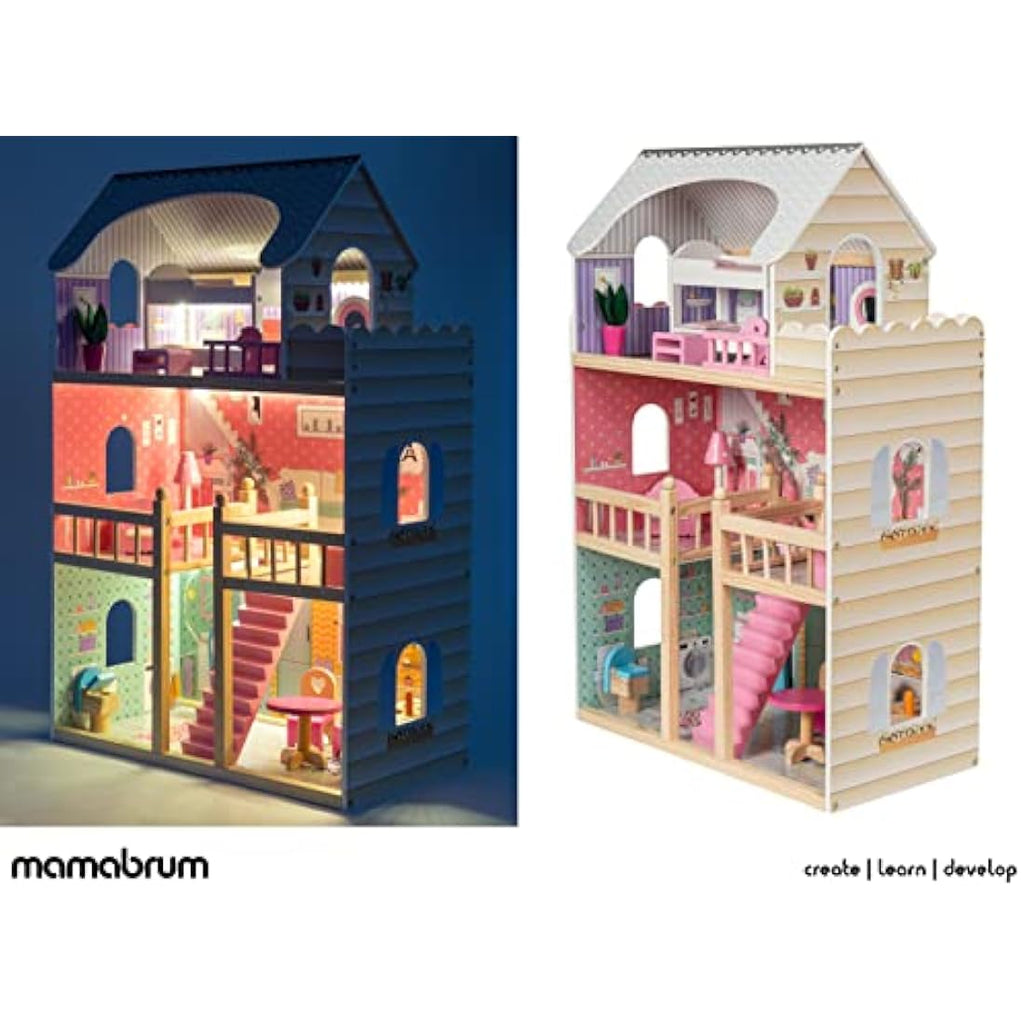 Mamabrum 3-Story Wooden Dollhouse with LED Lights & Furniture