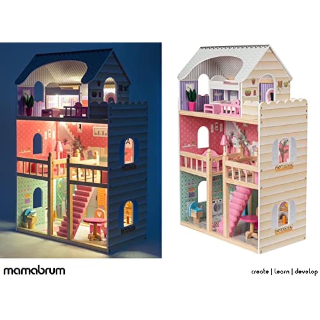 Mamabrum 3-Story Wooden Dollhouse with LED Lights & Furniture