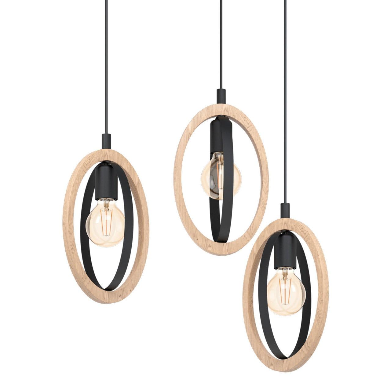 Eglo Basildon 3-Light Pendant Lamp – Vintage Wood and Black Steel
