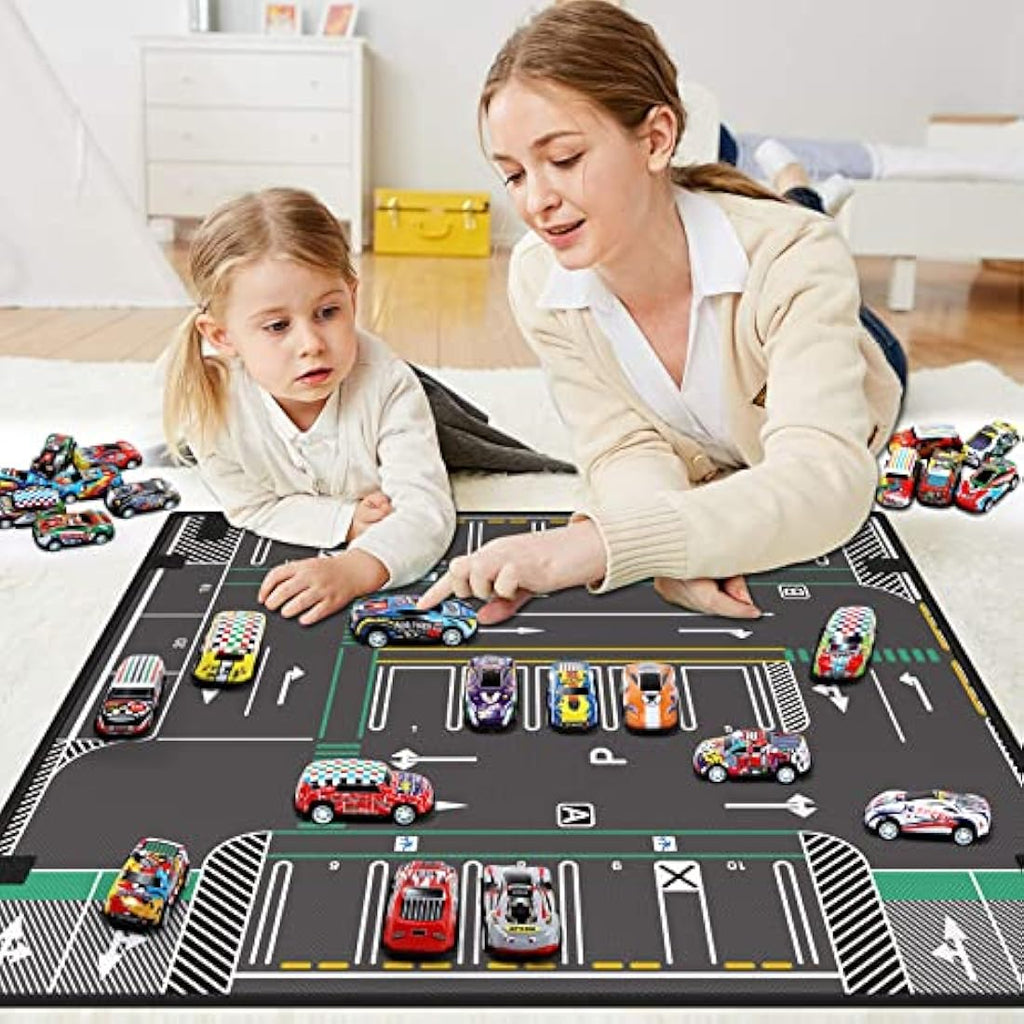 Veluoess 40-Piece Pull Back Toy Cars Set with 2-in-1 Play Mat Storage Bag
