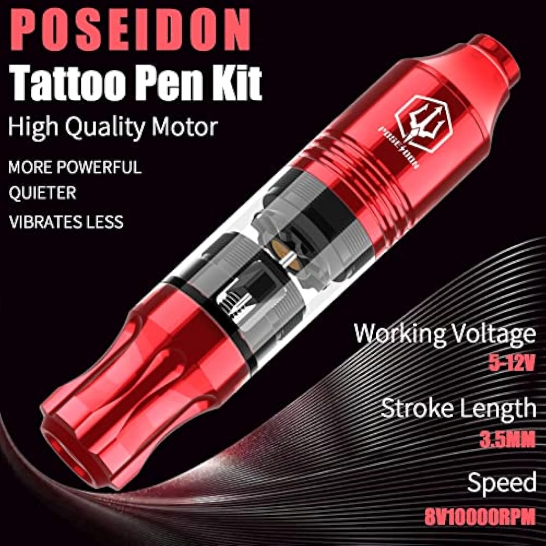 Poseidon Rotary Tattoo Pen Kit - Complete Machine Set with 20 Cartridges