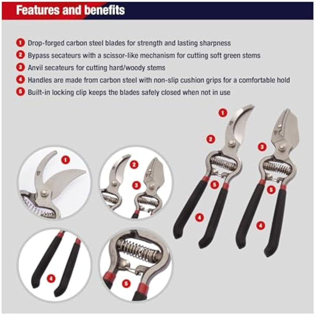Spear & Jackson Carbon Steel Bypass and Anvil Secateurs Set – 2 Pack