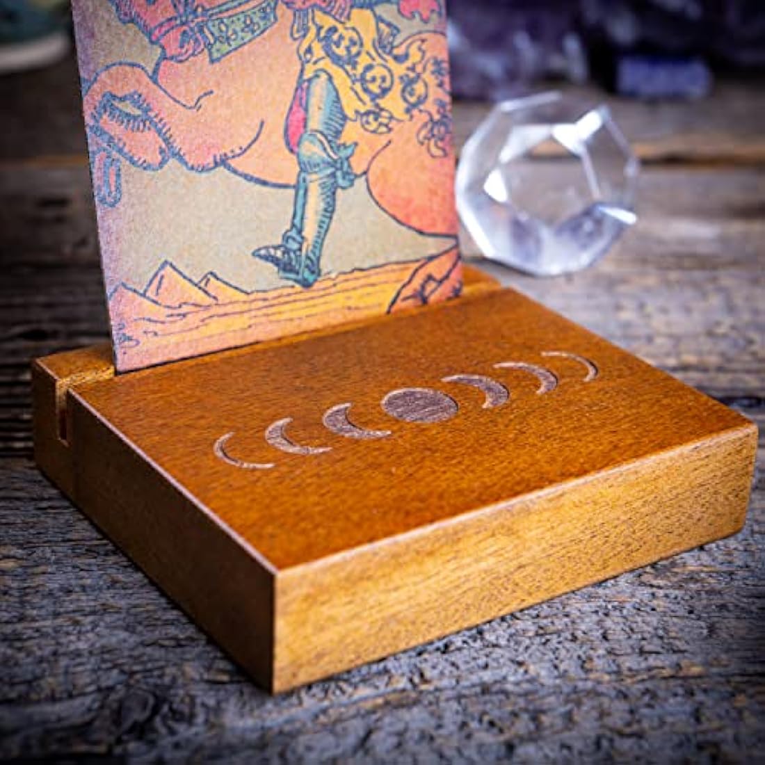 Curawood Moon Phase Tarot Card Holder Stand - Wooden Altar Decor