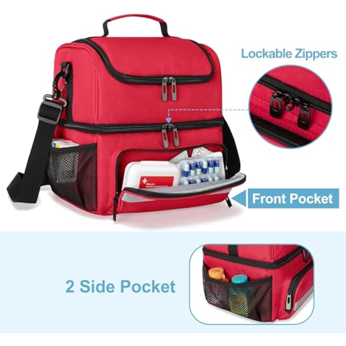 CURMIO Double Layer Medicine Storage Bag | Portable First Aid Organiser, Red
