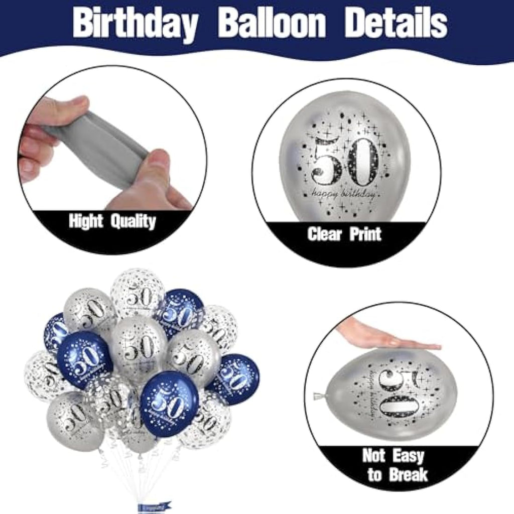 Jolof Store 50th Birthday Balloons - 15pc Navy Blue & Silver Party Decor