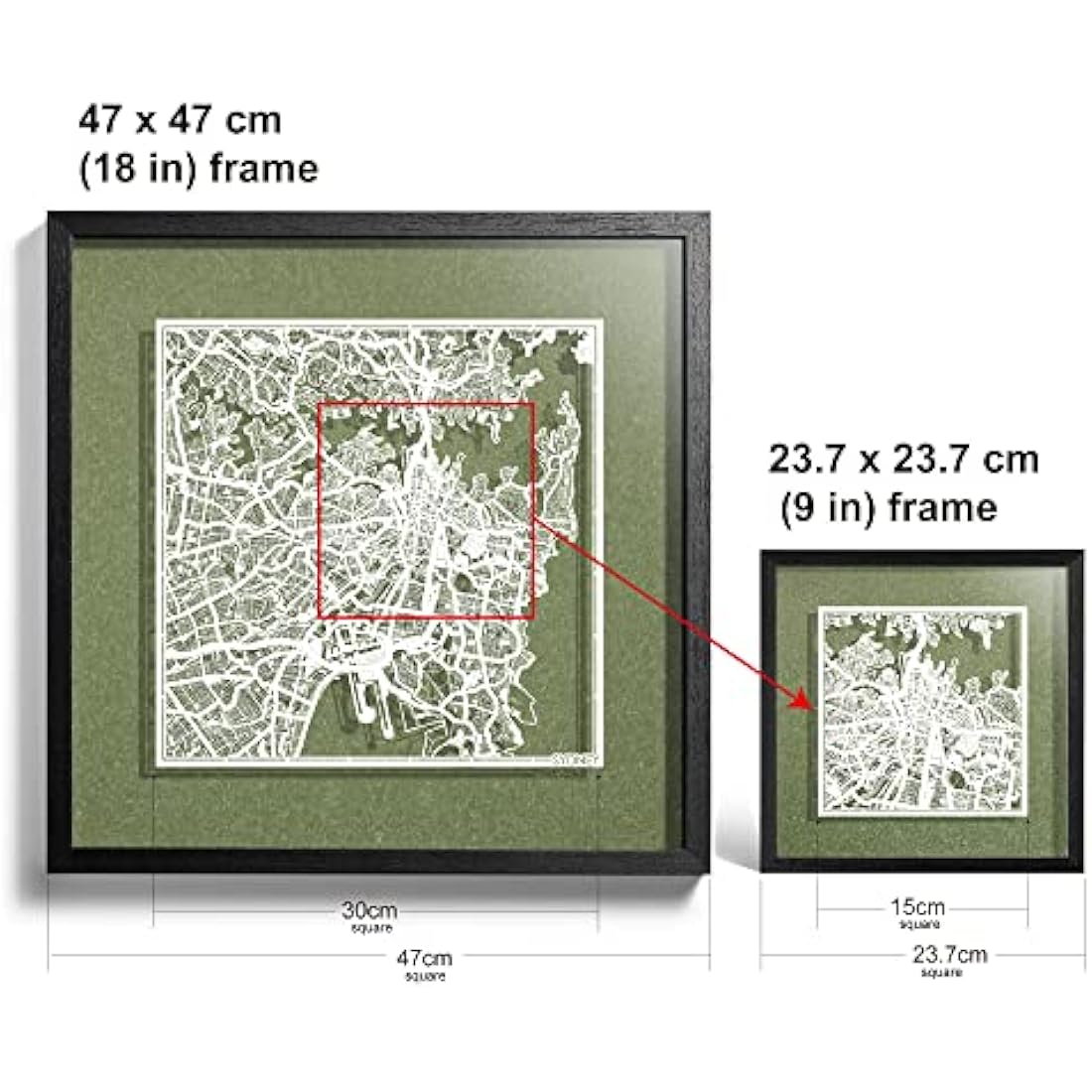 Sydney Paper Cut Map Framed Wall Art – O3 Design Studio 9x9 Inch