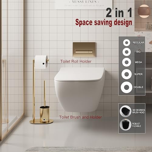 BVL Gold Toilet Roll Holder | Stainless Steel Standing Brush Set
