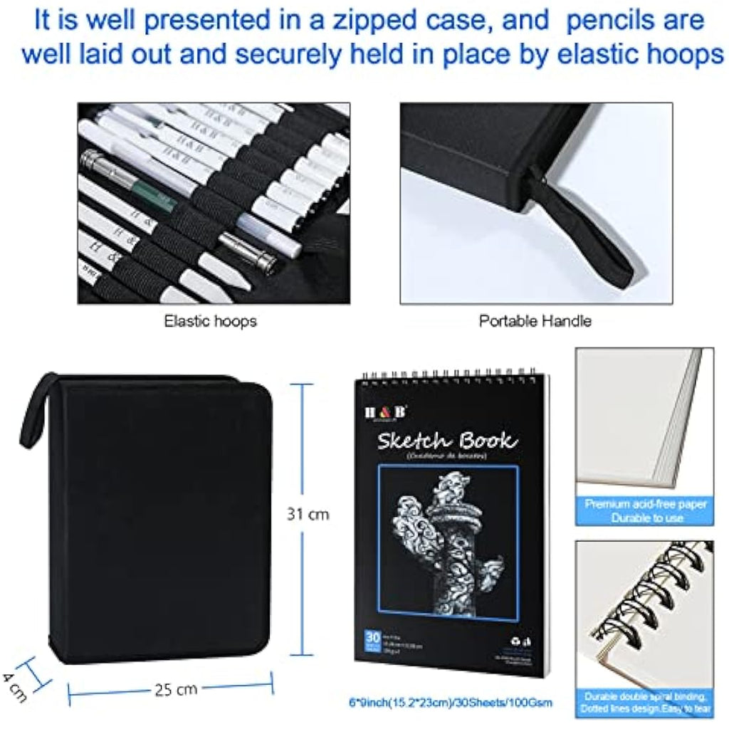 H & B 70-Piece Professional Sketching Pencil Set with Sketchbook & Case