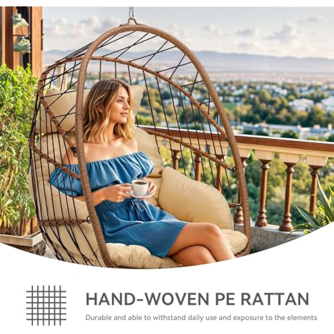 YITAHOME Rattan Hanging Egg Chair – Outdoor Swing with Beige Cushions