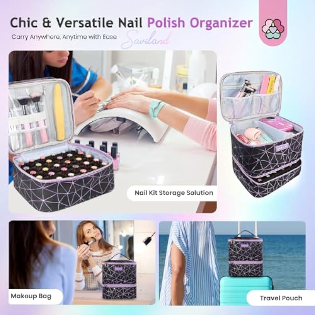 Saviland Nail Polish Organizer Bag - PU Leather Case for 30 Bottles & Lamp