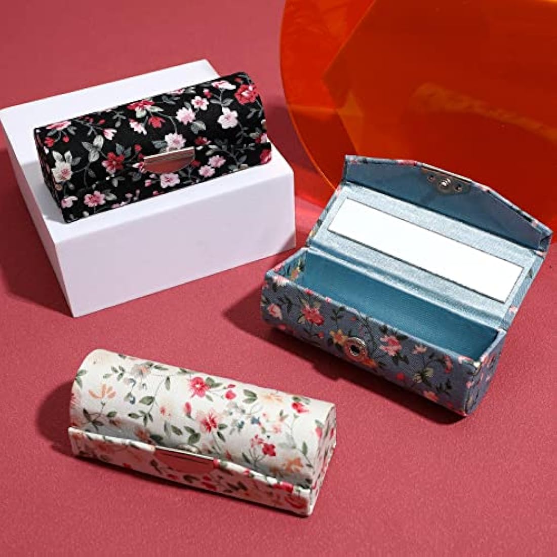 minkissy Floral Lipstick Case with Mirror - 4PCS Vintage Portable Holder