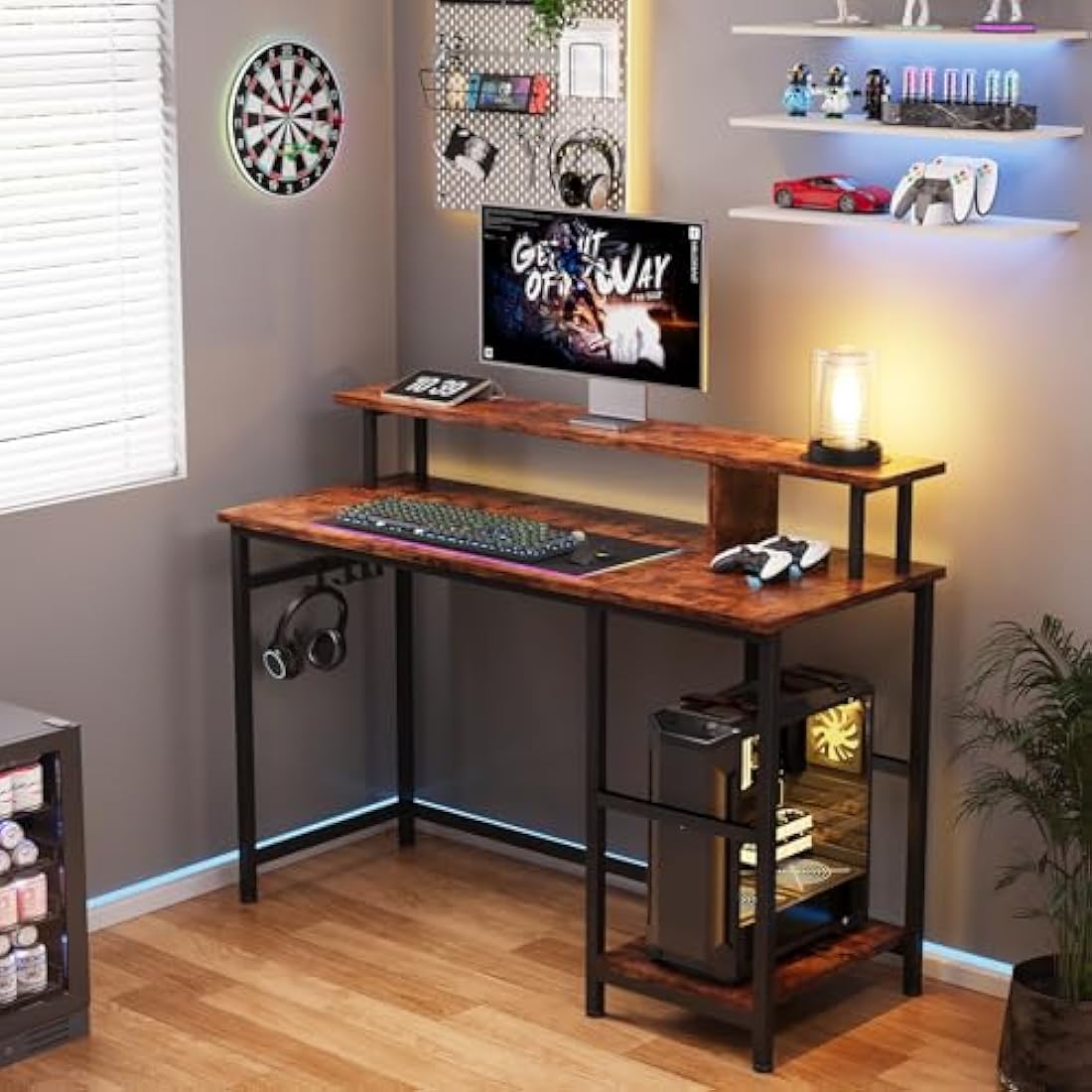 Dripex Computer Desk with Dual Monitor Stand & Shelves - Rustic Brown