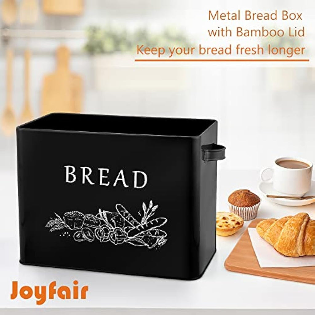 Joyfair Metal Bread Bin with Bamboo Cutting Board Lid – Large Black Box