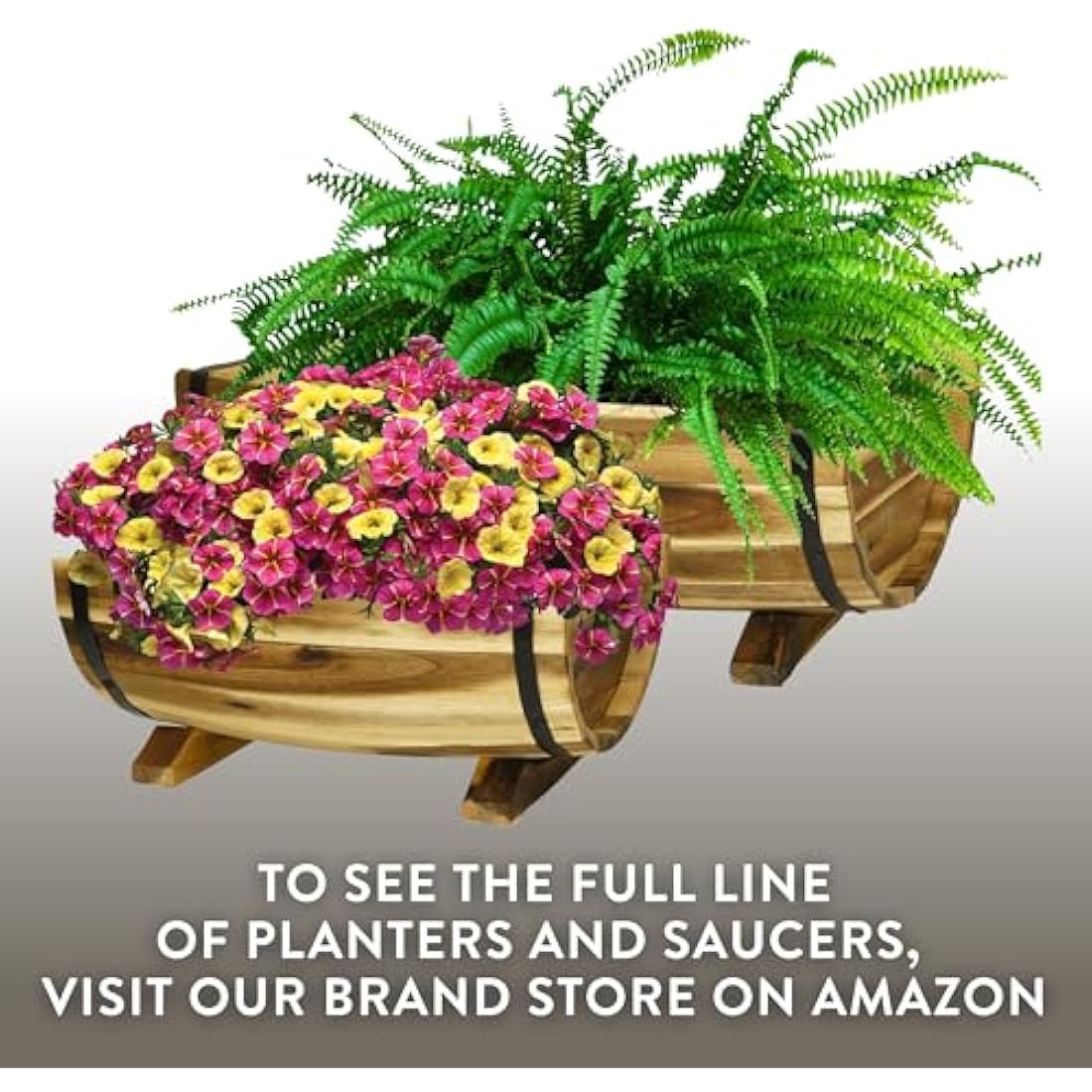 Acacia Wood Barrel Planters with Metal Bands – 2 Pack