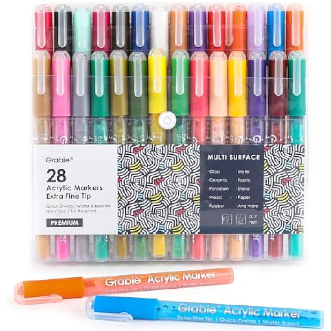 Grabie Acrylic Paint Pens | 28 Colors Extra Fine Tip Markers for Rock Painting