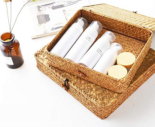 Seagrass Storage Box with Lids Rectangular Organization Wicker Shelf Baskets Natural Woven Stackable Set of 2 Large+Small