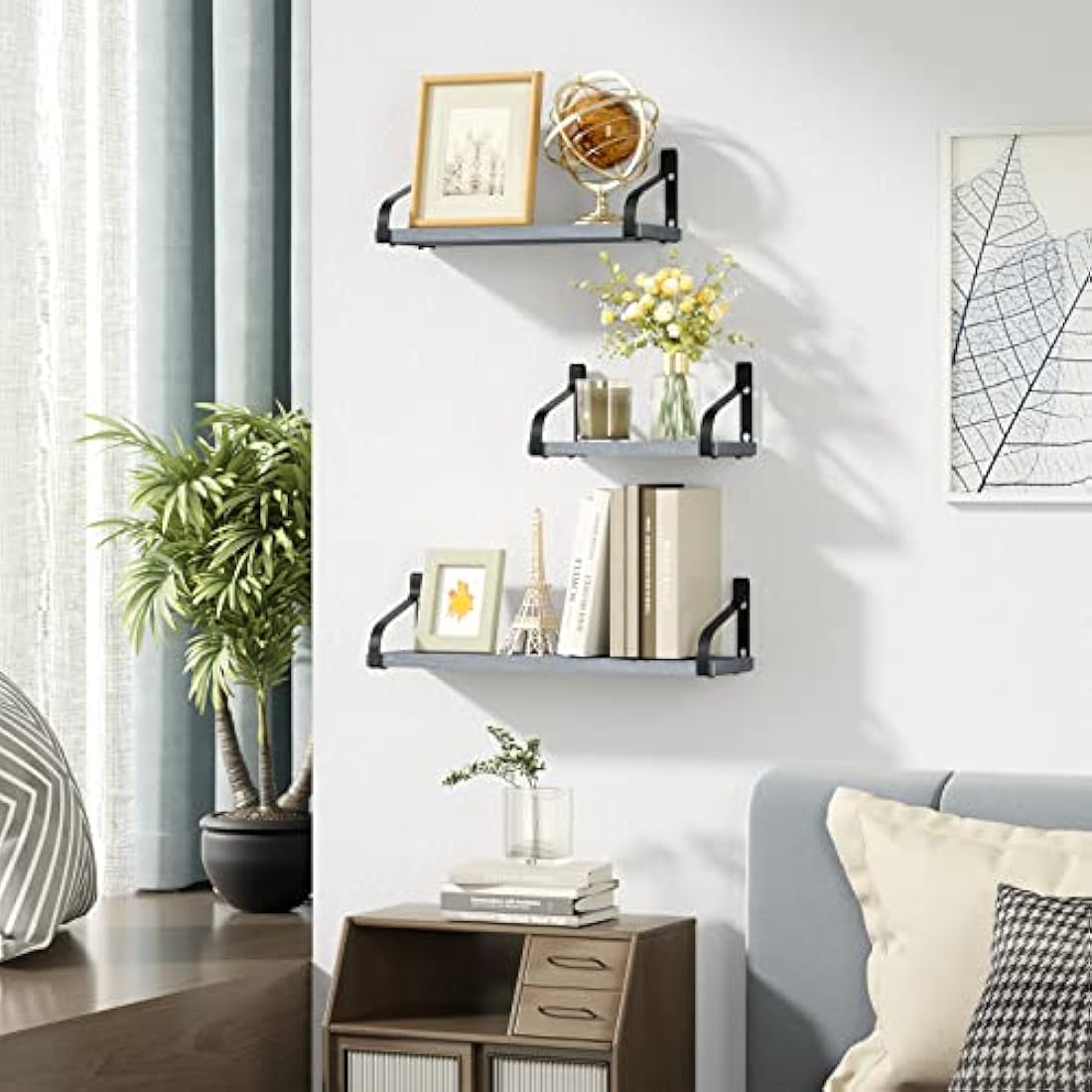Love-KANKEI Rustic Floating Shelves – Set of 3 Wood Wall Shelves, Grey