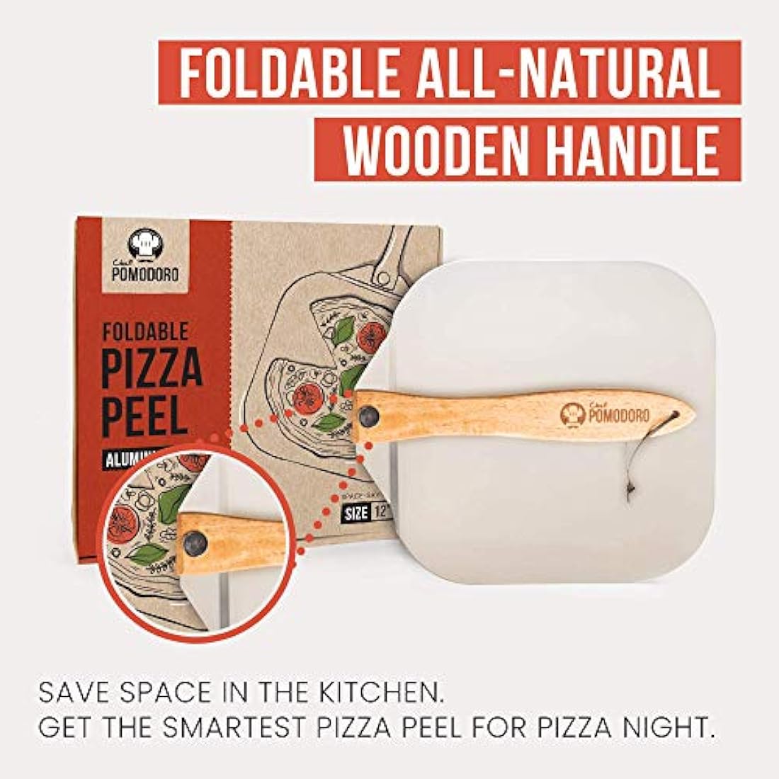 Chef Pomodoro Aluminum Pizza Peel with Foldable Wood Handle and Cutter