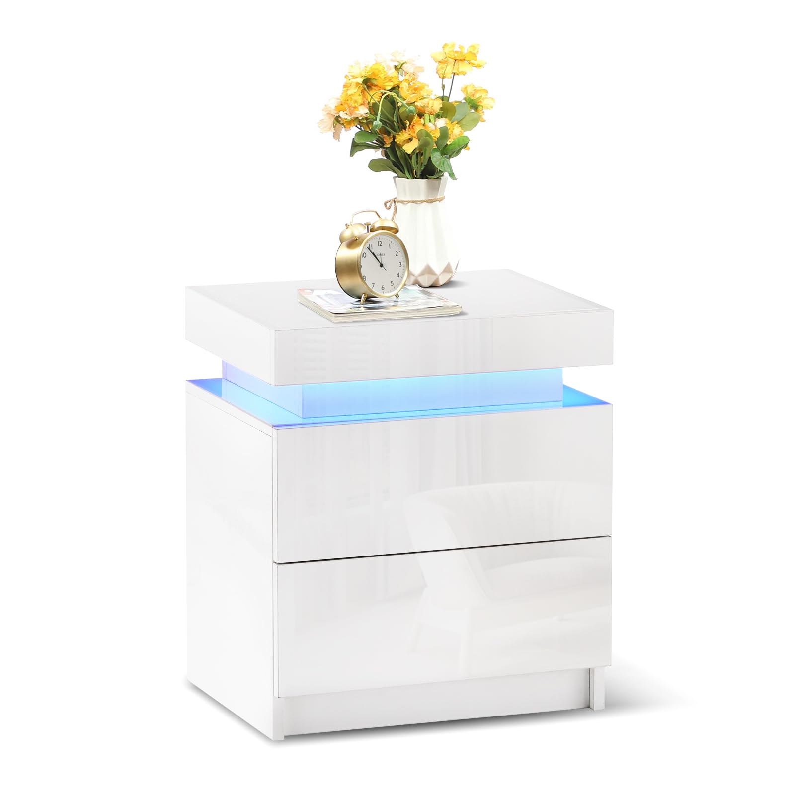 TUKAILAi LED Bedside Table – High Gloss 2 Drawer Nightstand Cabinet