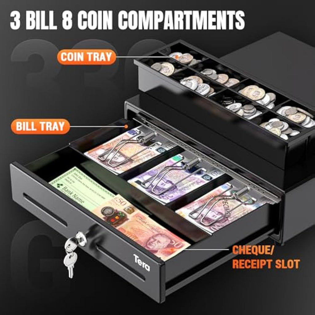 Tera 13" Cash Register Drawer | 3 Bill 8 Coin Tray with 6 Keys & RJ12