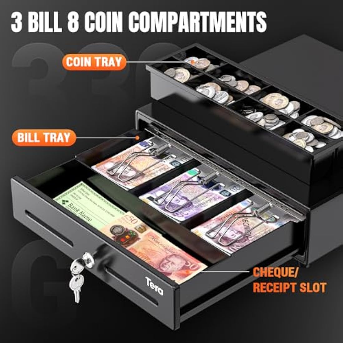 Tera 13" Cash Register Drawer | 3 Bill 8 Coin Tray with 6 Keys & RJ12
