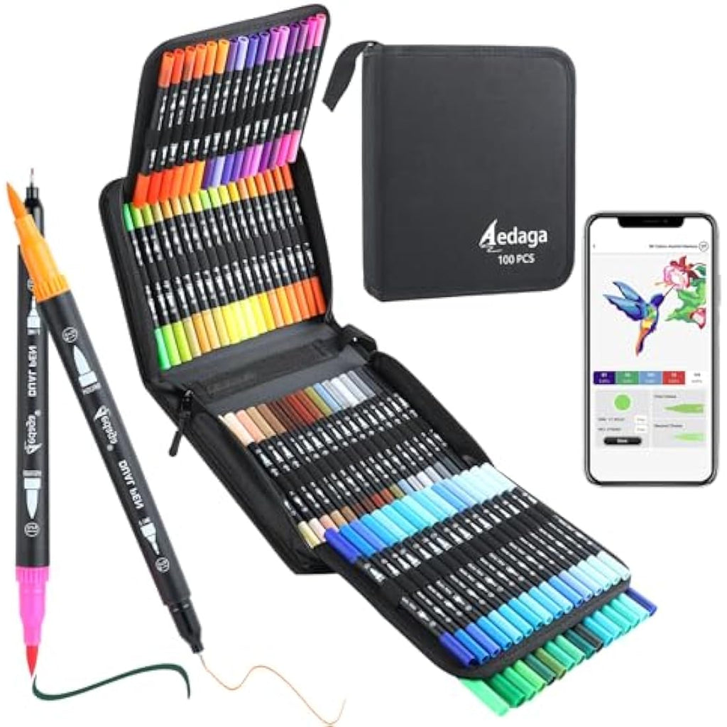 AEDAGA 100 Dual Tip Colouring Pens | Brush Art Markers for Calligraphy
