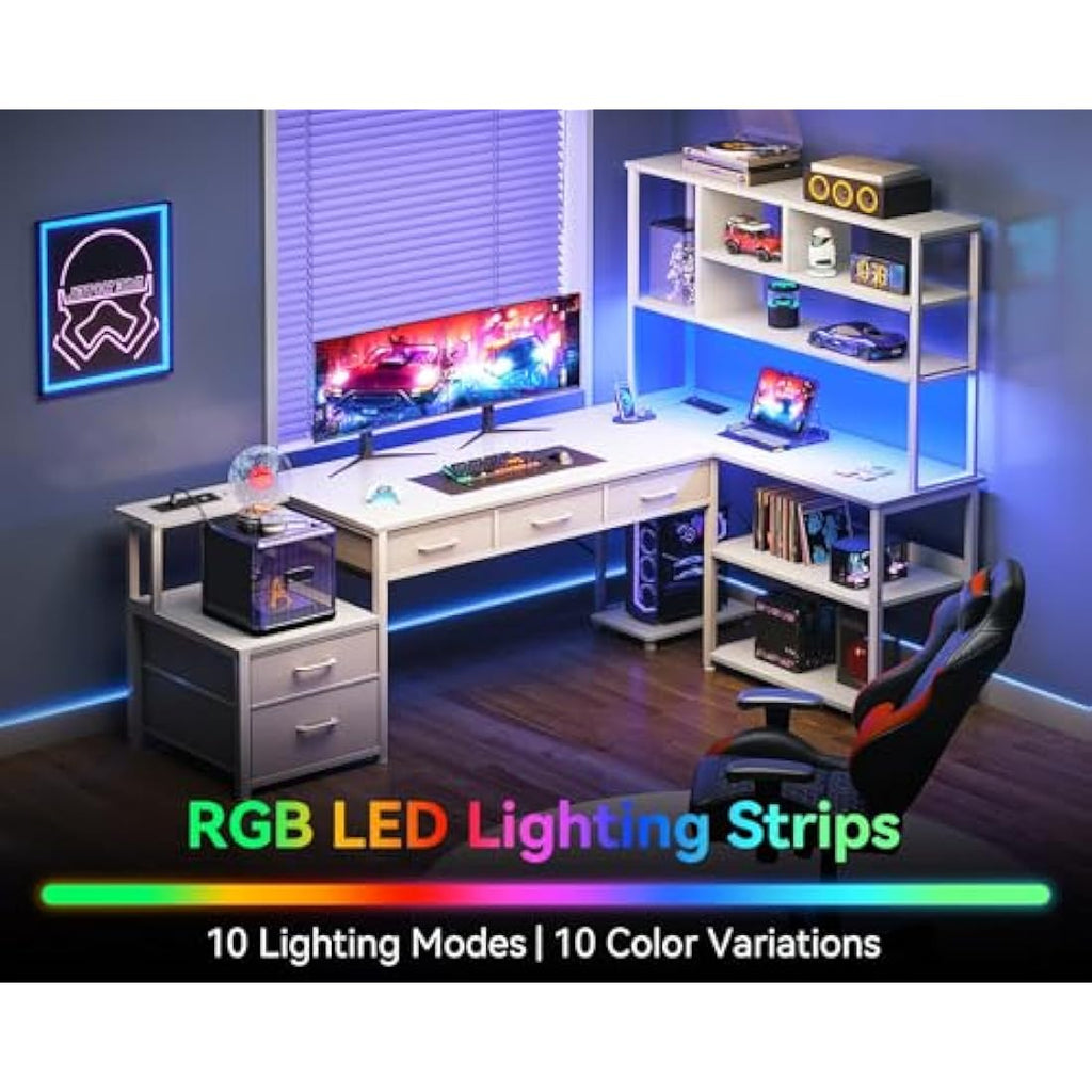 Coleshome L-Shaped Desk with Drawers, LED Lights & Power Outlets - White