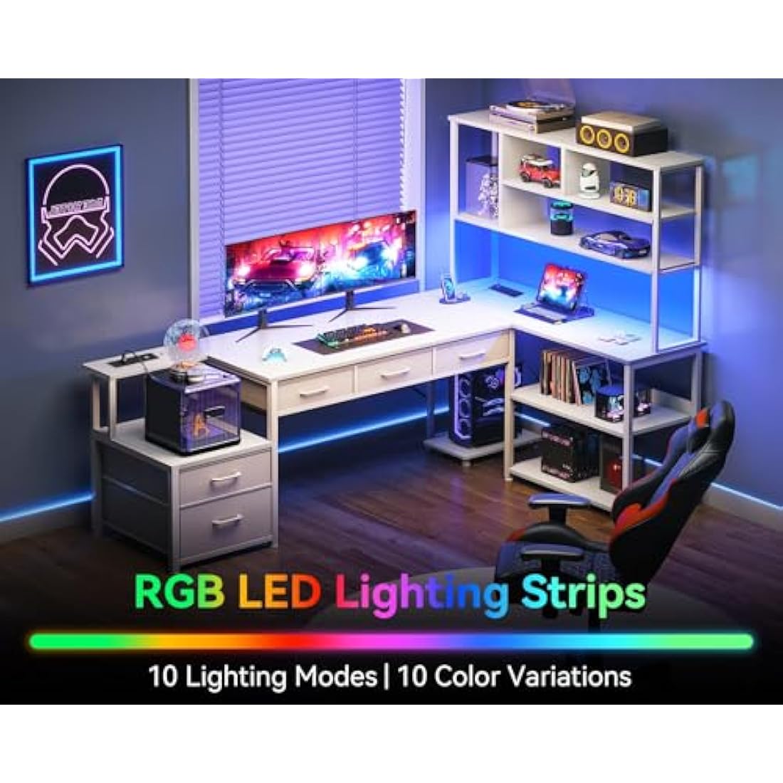 Coleshome L-Shaped Desk with Drawers, LED Lights & Power Outlets - White