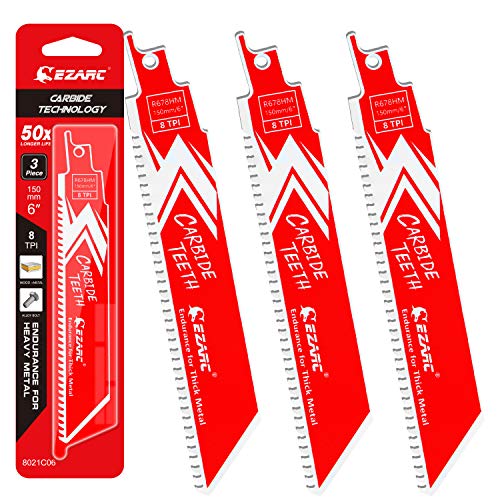 EZARC Carbide Reciprocating Saw Blades for Thick Metal | 150mm 8TPI 3-Pack