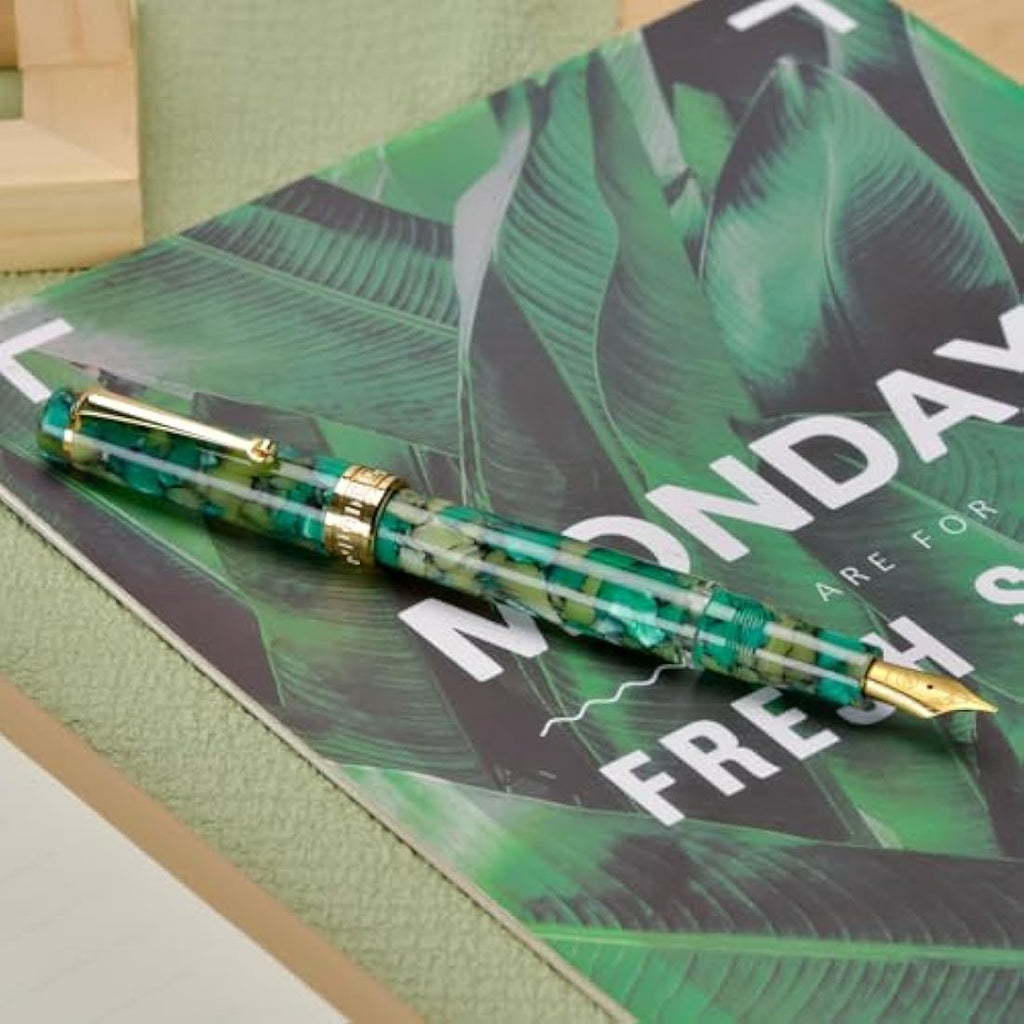 Asvine P20 Piston Fountain Pen - Green Marble Acrylic Medium Nib