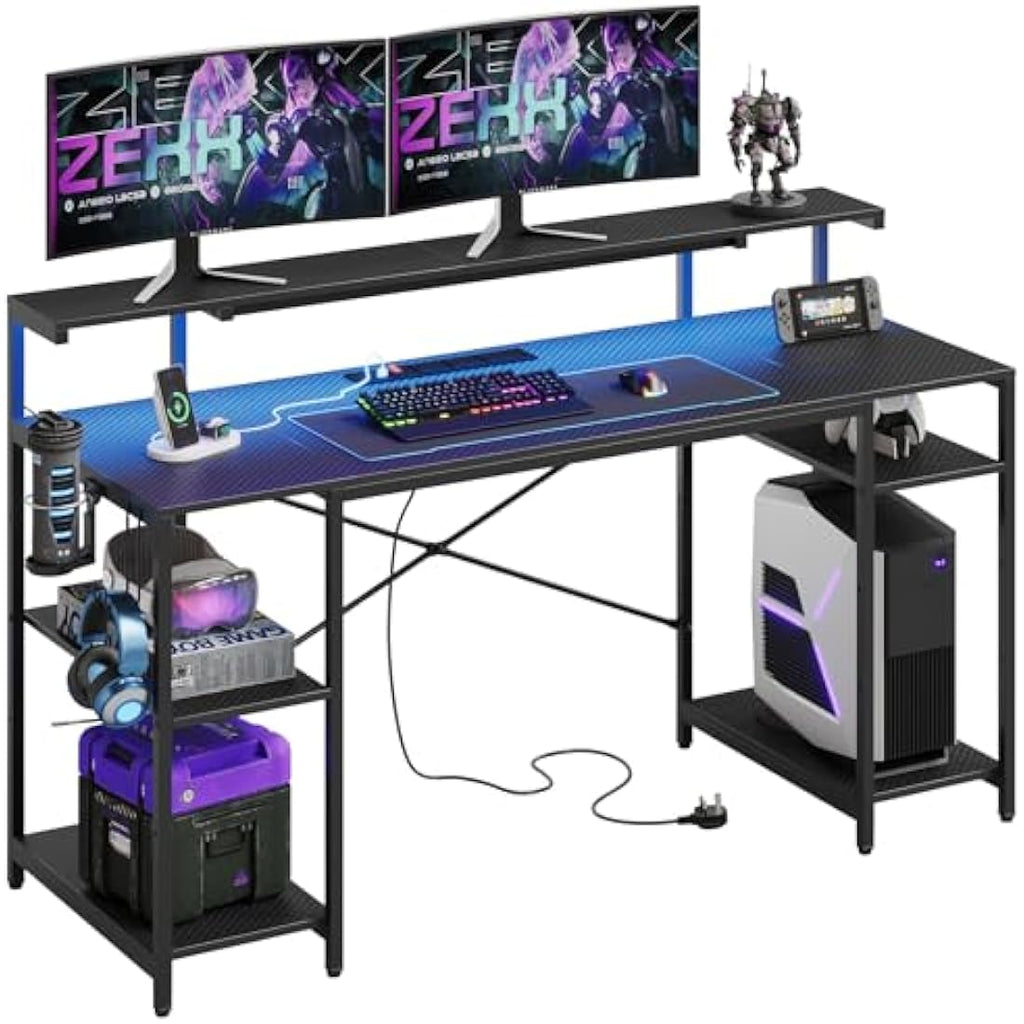 140cm Gaming Desk with LED Lights and Power Outlets
