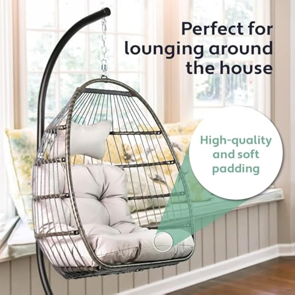Vita5 Foldable Hanging Egg Chair with Stand | Polyrattan Swing - Light Grey