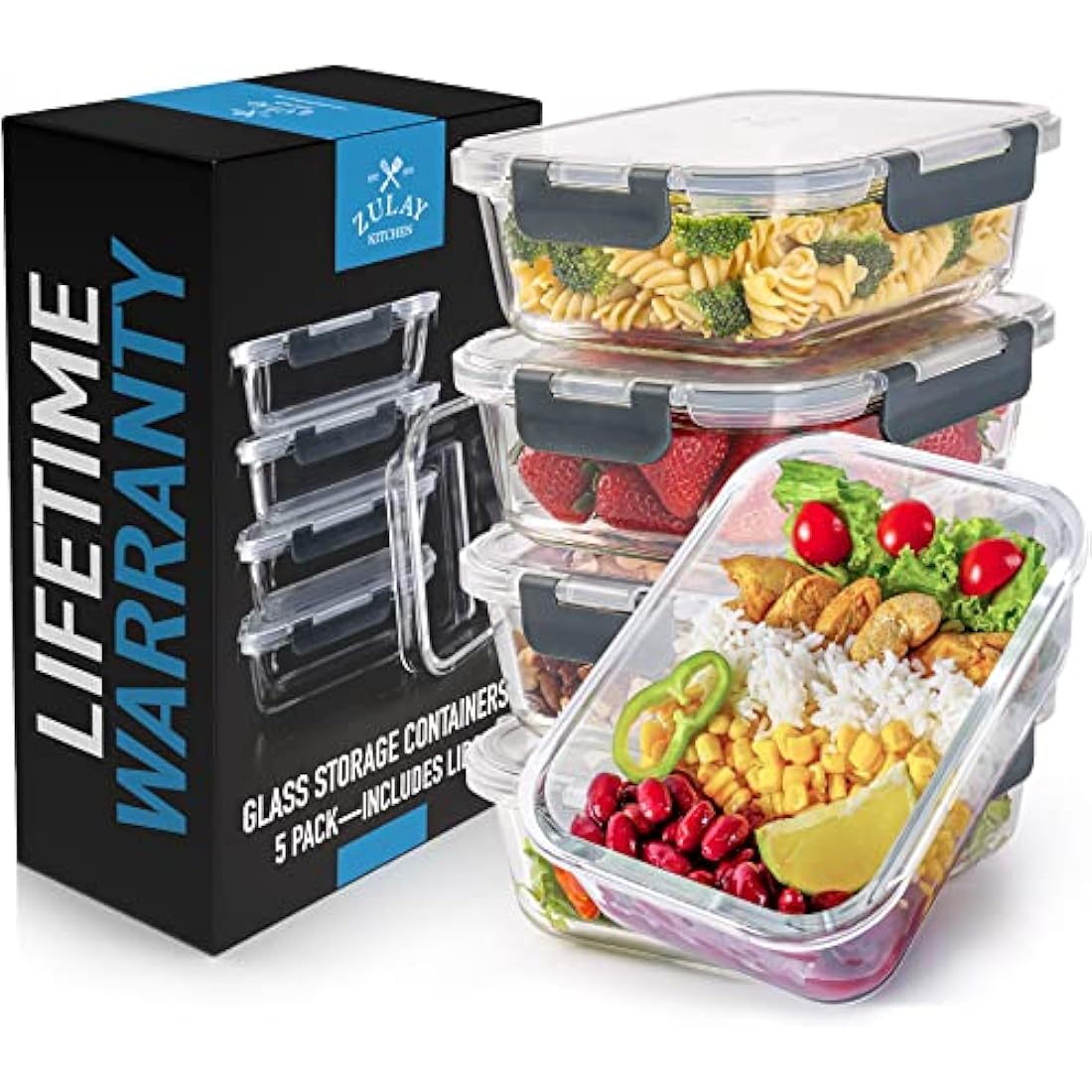 Zulay Kitchen 5-Pack Leak-Proof Glass Food Storage Containers - 36 oz