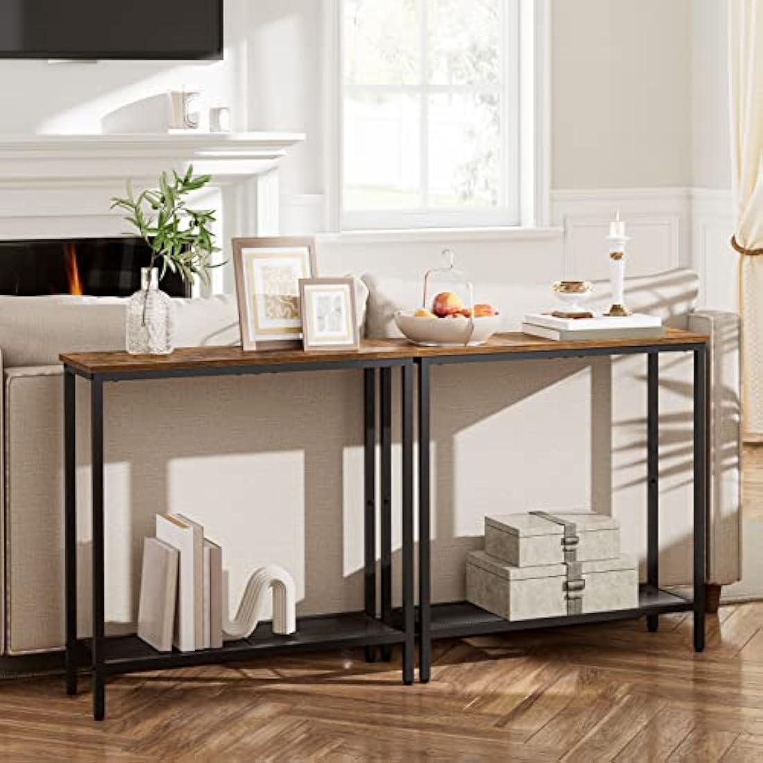 HOOBRO Slim Console Table – Industrial Narrow Sofa Table, Rustic Brown