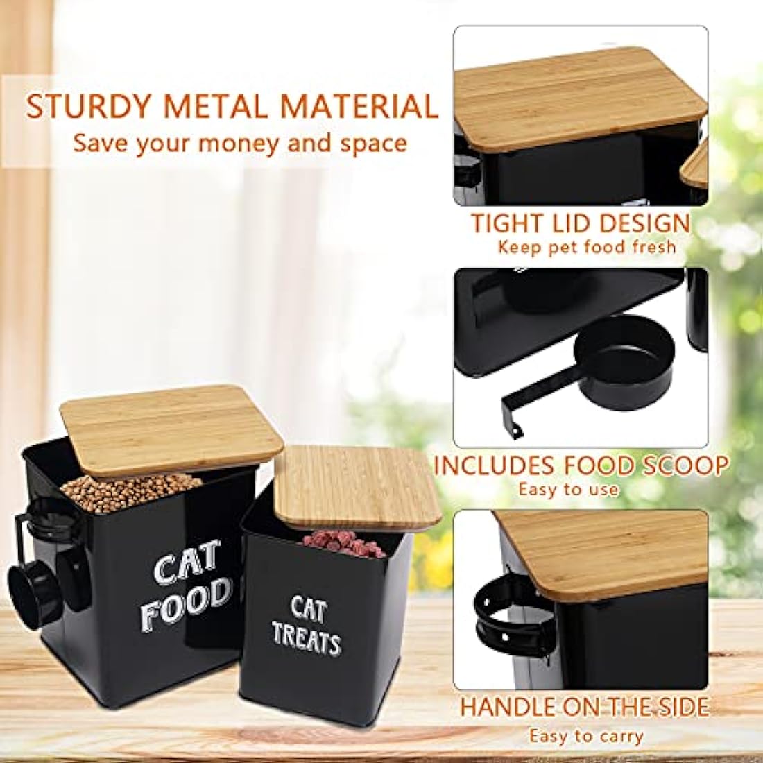 Cat Food and Treats Container Set – Beige Steel with Wood Lids