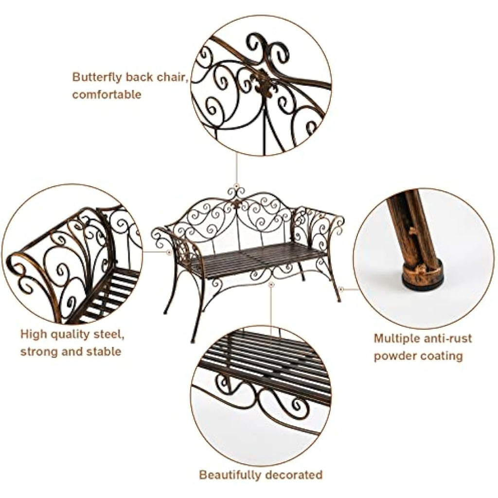 HLC 2-Seat Metal Garden Bench – Antique Wrought Iron Outdoor Seating