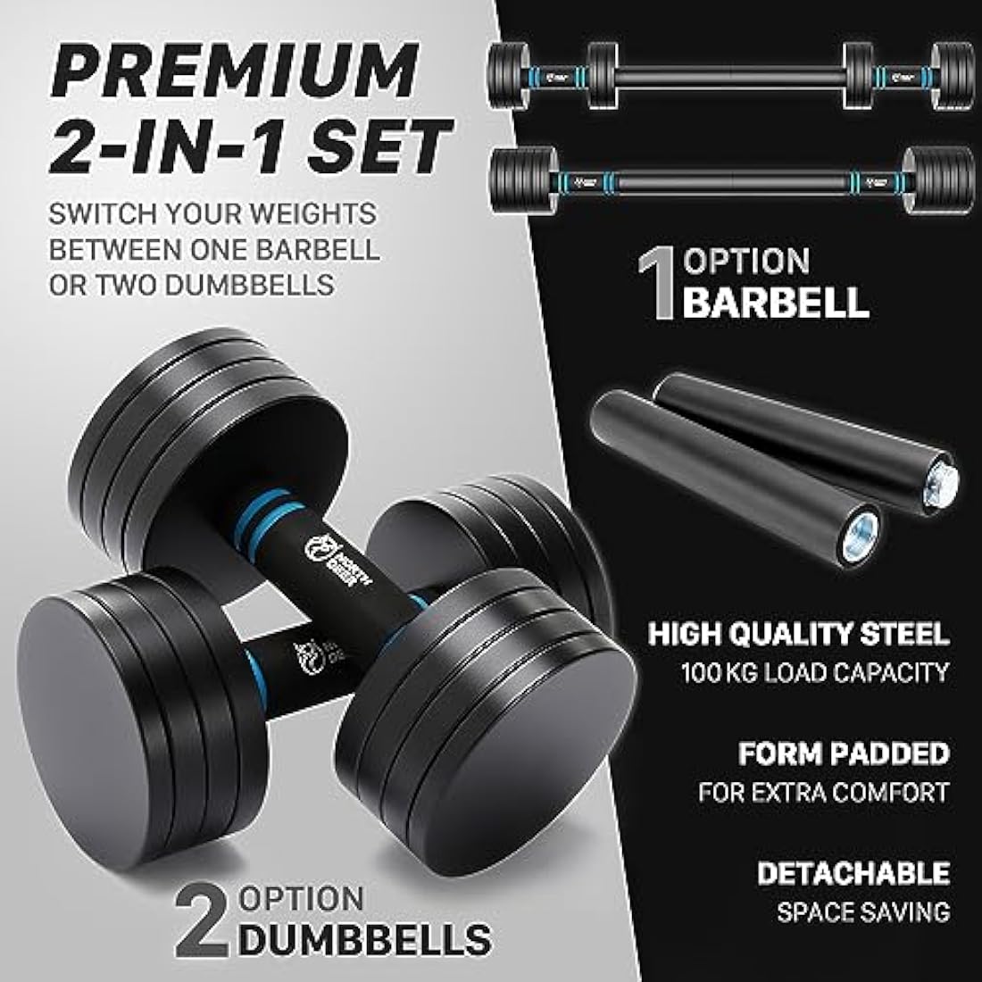 Northdeer 10kg Adjustable Dumbbell & Barbell Set | Compact Steel Weights