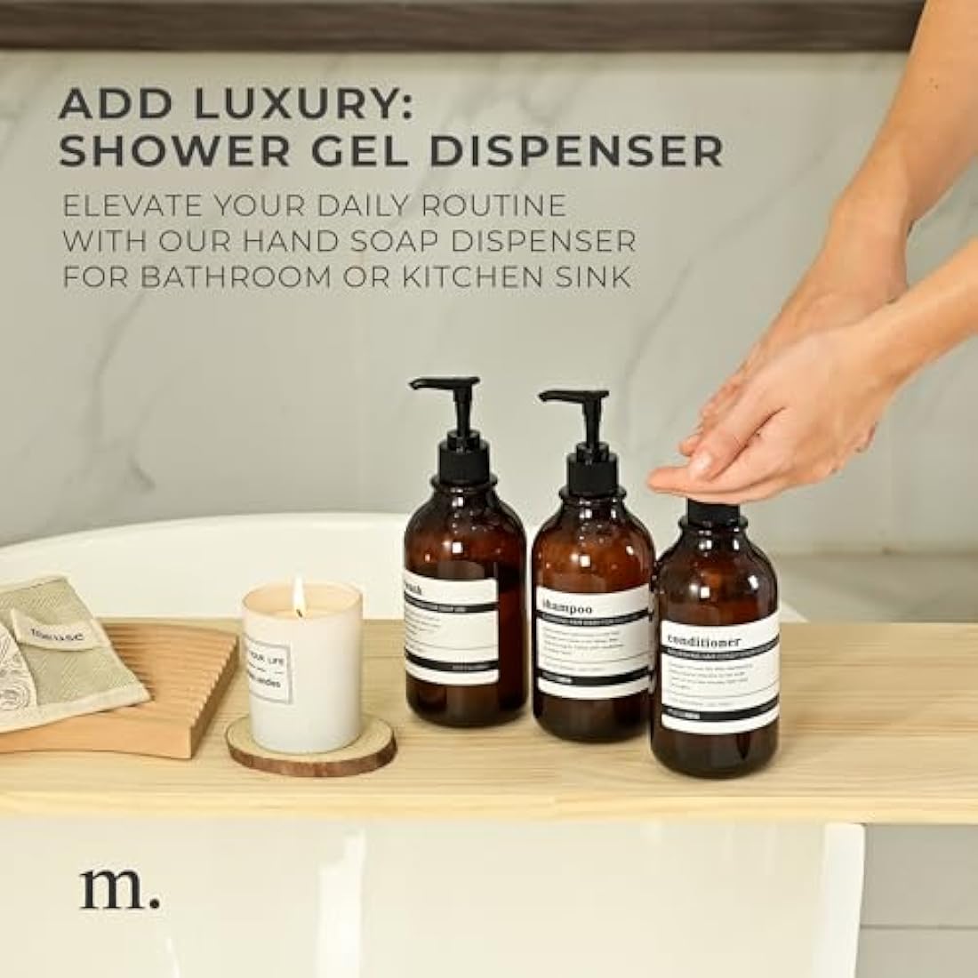 MaisoNovo Refillable Shampoo and Conditioner Bottles - 3 Pack Amber 500ml