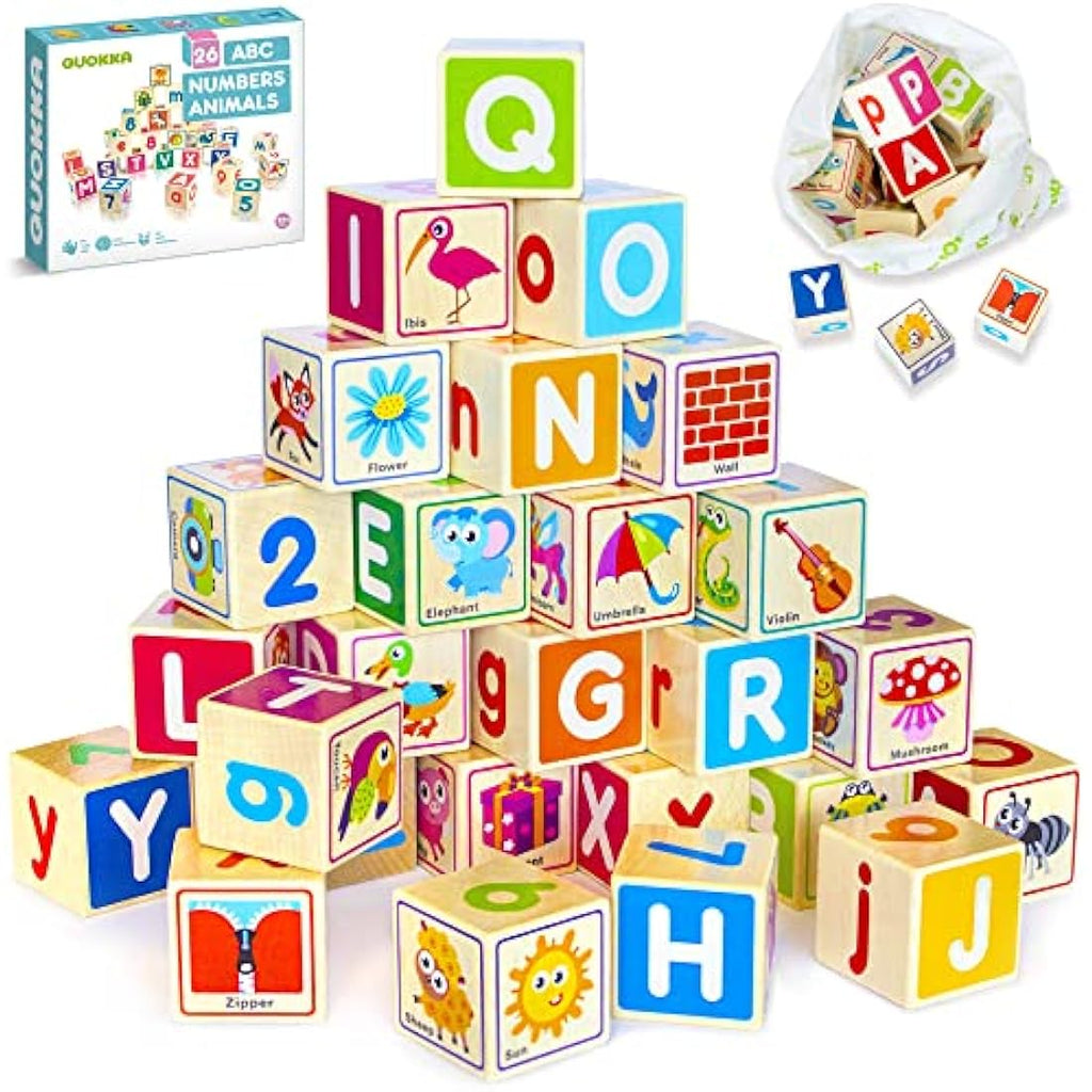 QUOKKA Wooden Alphabet & Number Building Blocks - Educational Toddler Toy