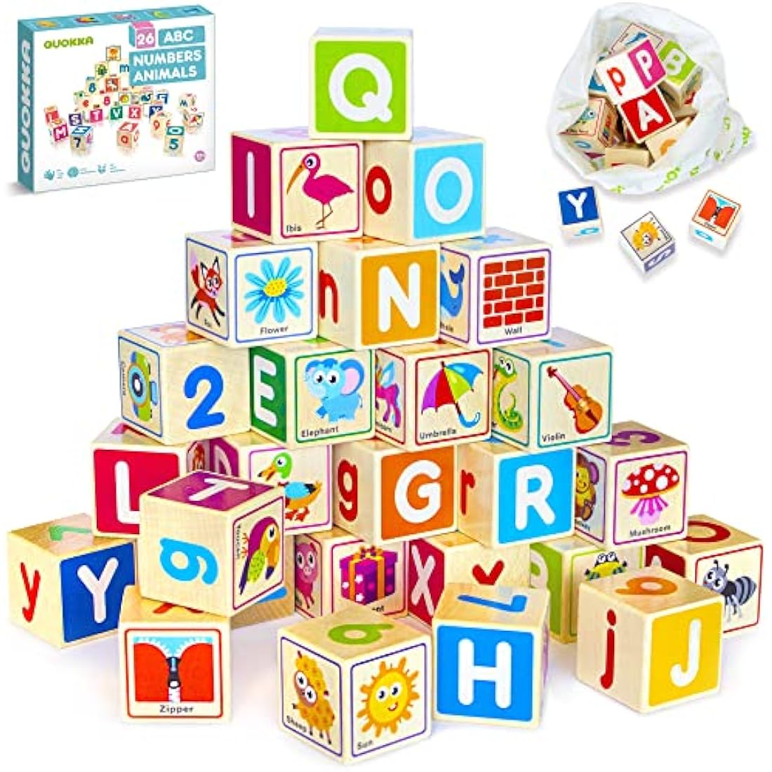QUOKKA Wooden Alphabet & Number Building Blocks - Educational Toddler Toy