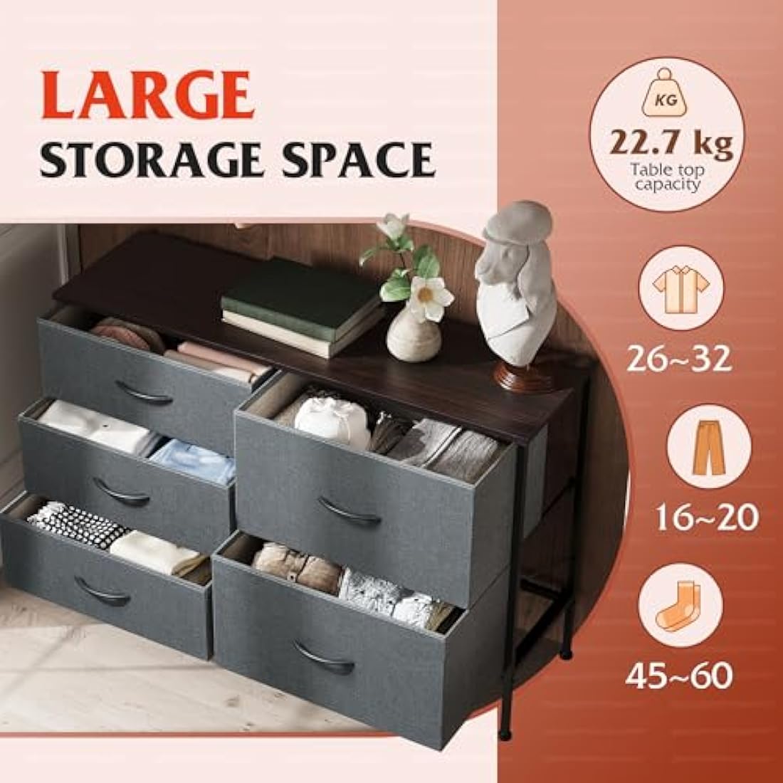 WLIVE 5-Drawer Fabric Dresser | Sturdy Steel Storage Chest, Black Walnut