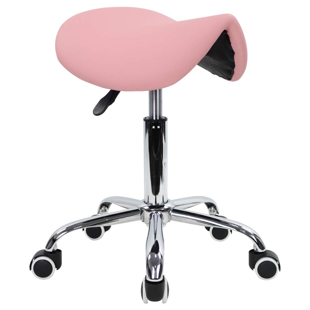 KKTONER Rolling Saddle Stool - Adjustable PU Leather Salon Chair, Pink