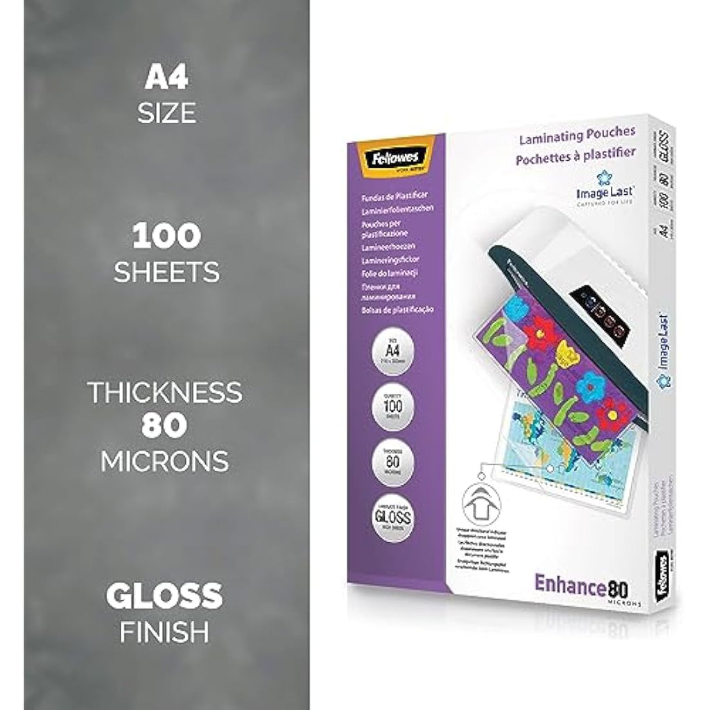 Fellowes A4 Laminating Pouches | 160 Micron Glossy Finish | 100 Pack