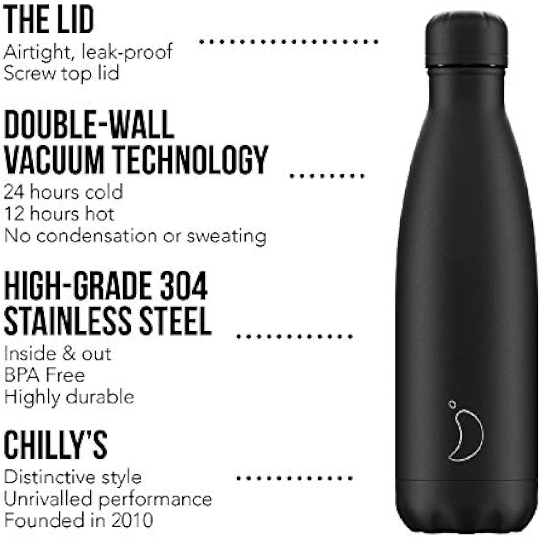 Chilly's Reusable Water Bottle – 260ml Insulated Stainless Steel – Black