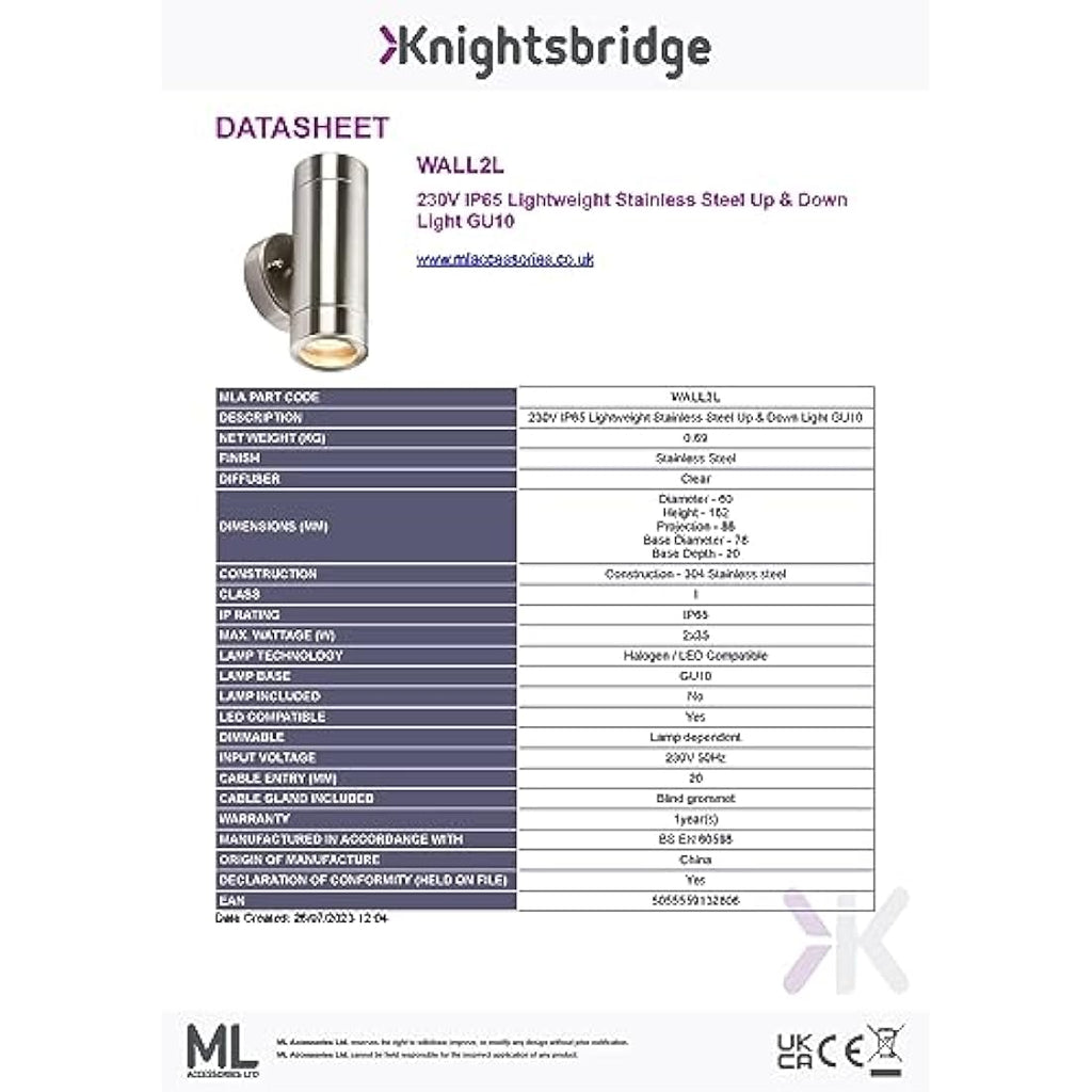 Knightsbridge Stainless Steel GU10 Up and Down Outdoor Wall Light