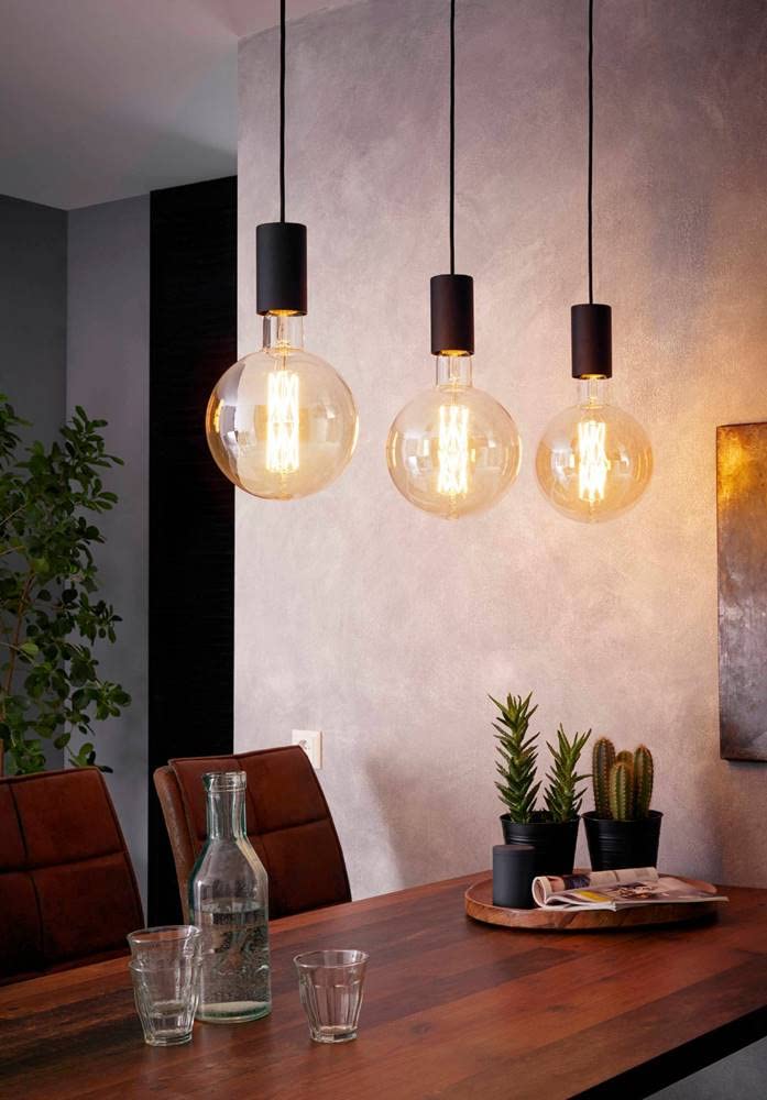 EGLO Pozueta 3-Light Pendant Lighting | Black Steel Industrial Ceiling Lamp