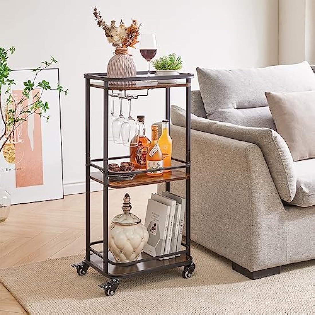 IBUYKE 3-Tier Rolling Bar Cart – Rustic Brown Kitchen Serving Trolley