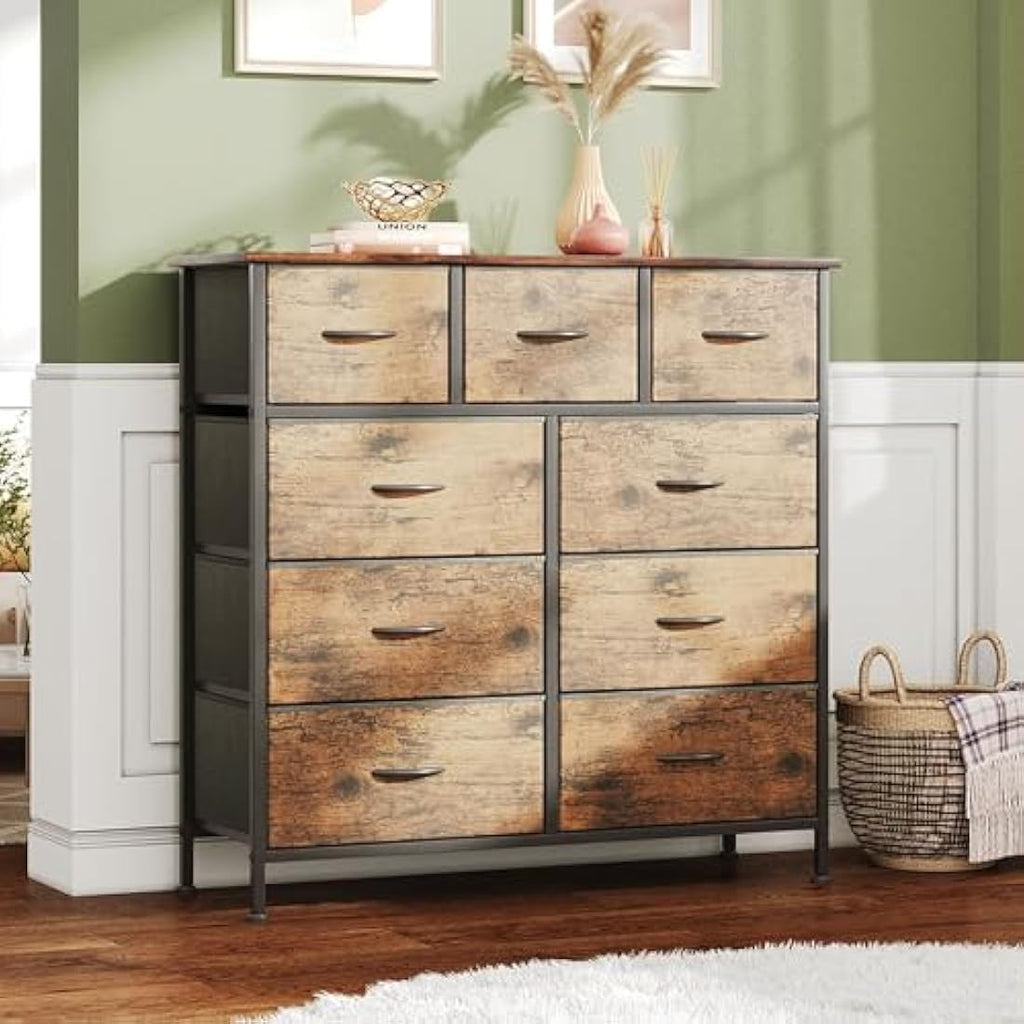 CAIYUN 9-Drawer Fabric Dresser | Rustic Brown Storage Chest for Bedroom