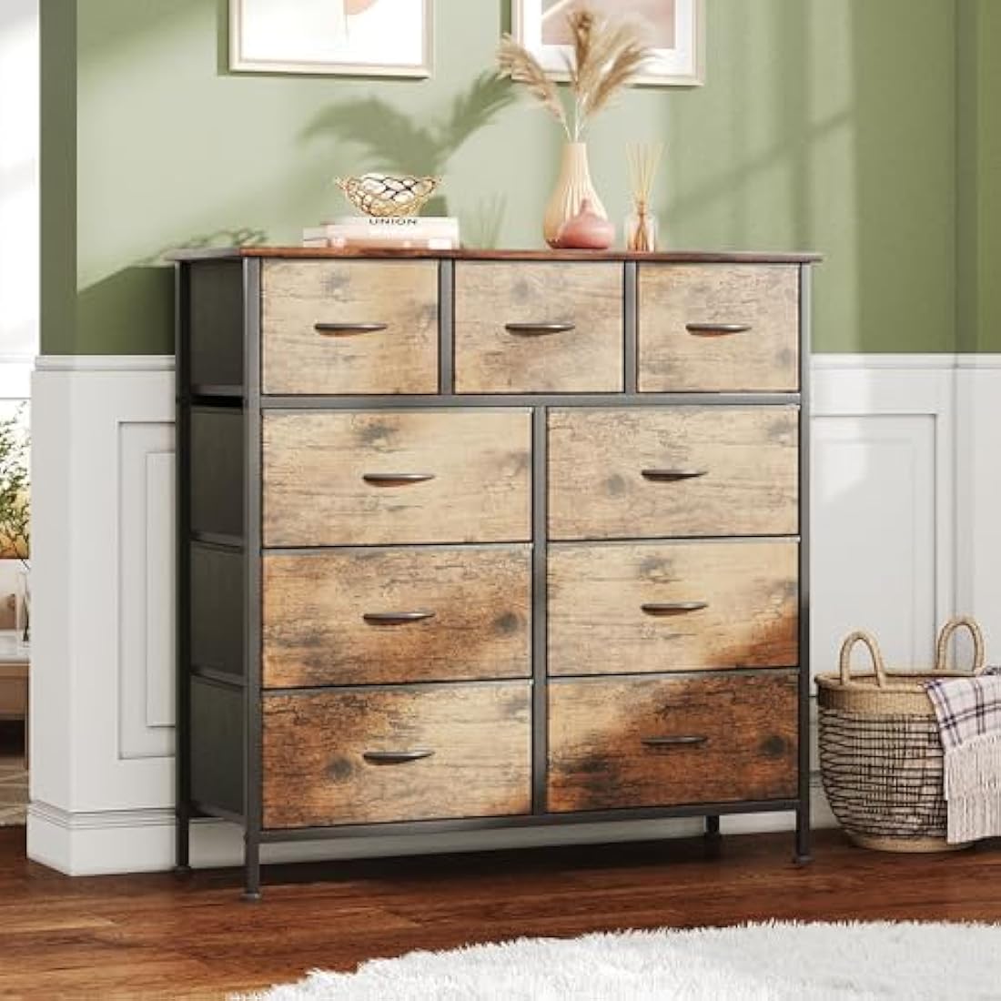 CAIYUN 9-Drawer Fabric Dresser | Rustic Brown Storage Chest for Bedroom